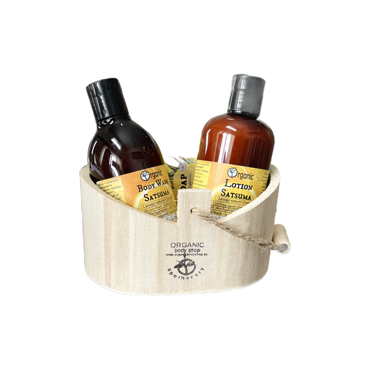 Satsuma gift. citrus balance  3pc bath+body. Wood caddy