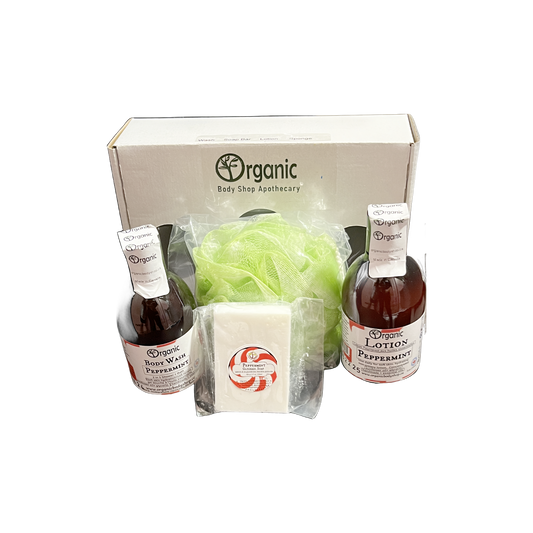 Huile de bain et corps à la menthe poivrée. Coffret cadeau de 4 pièces