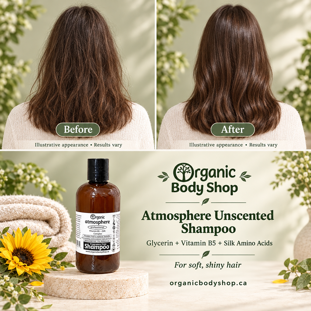 Atmosphere Shampoo marketing image with illustrative hair before-and-after