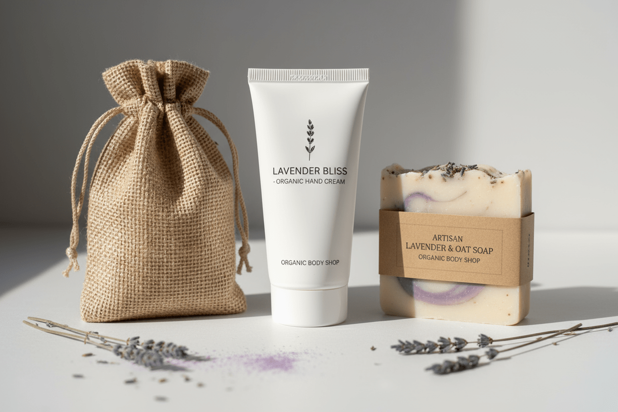 Calm Lavender Gift. Hand cream, soap, soap bag gift - Organic Body Shop