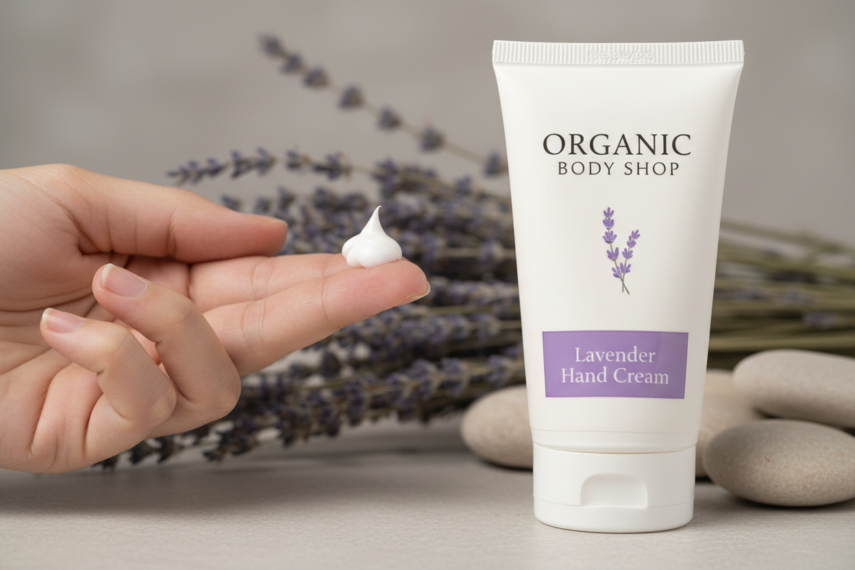 Calm lavender hand cream being applied from Organic Body Shop. white tottle tub