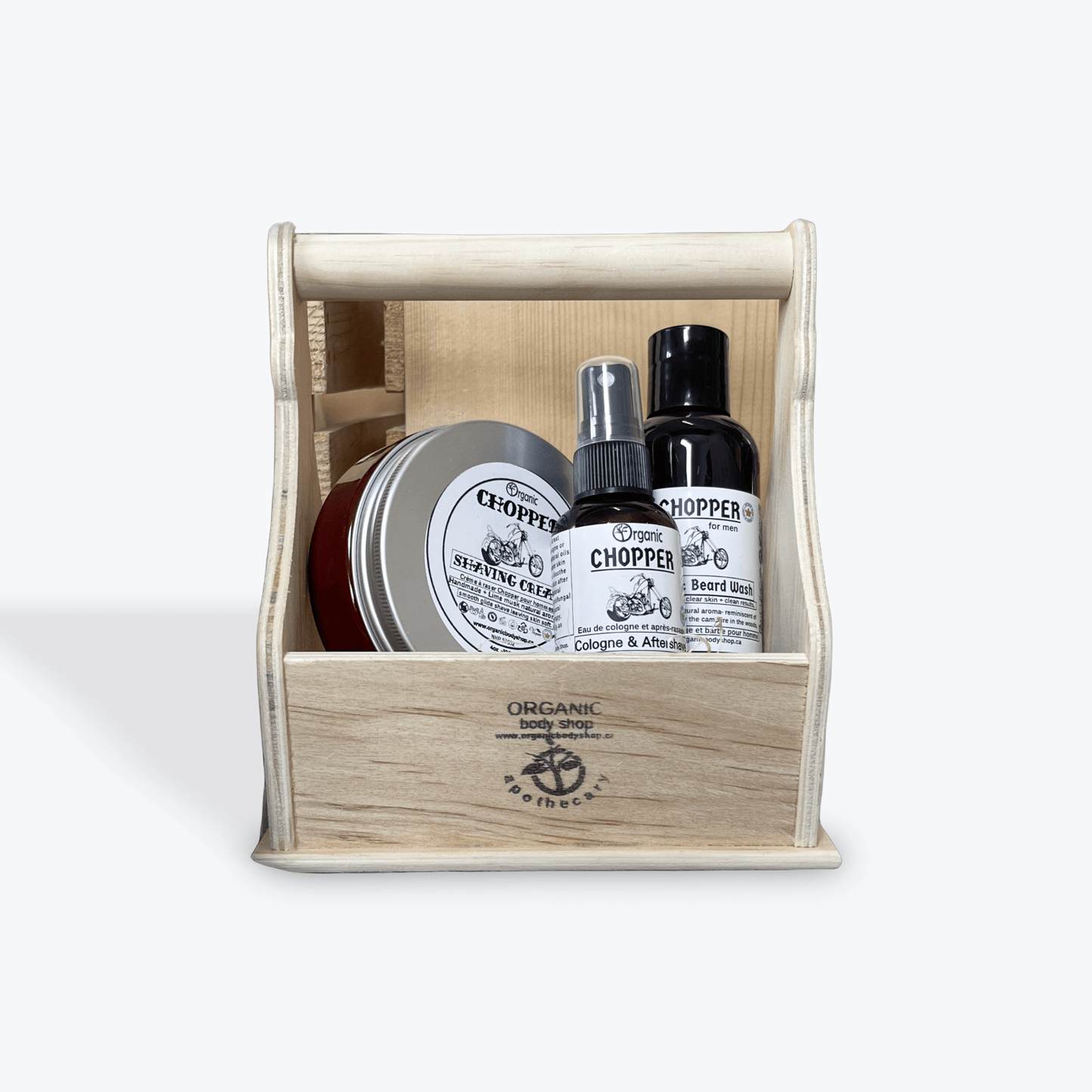 Chopper Men's Shave Toolbox.3pc. Alluring camping in the woods aroma. - Organic Body Shop