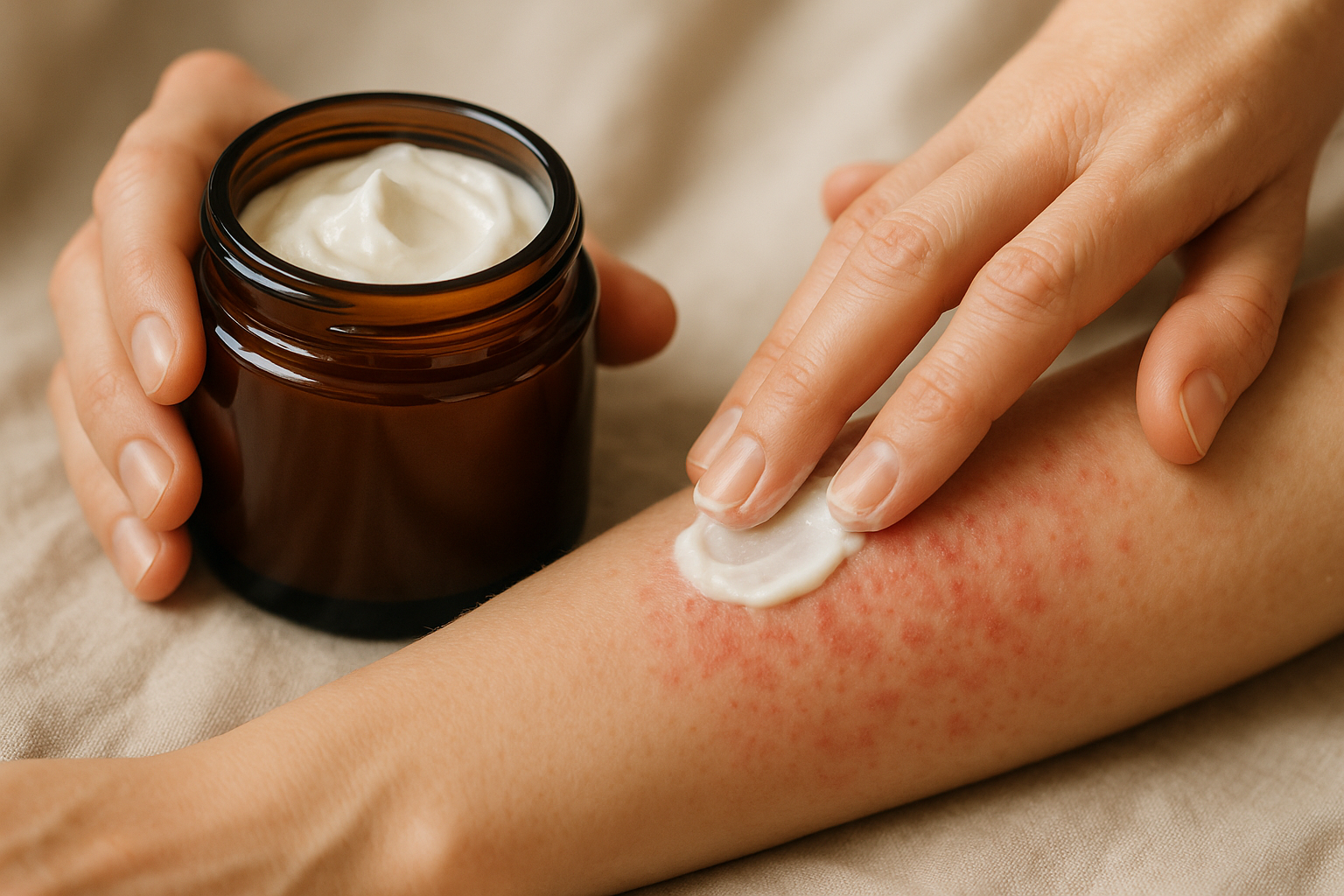 cream applied to rash on skin in brown jar