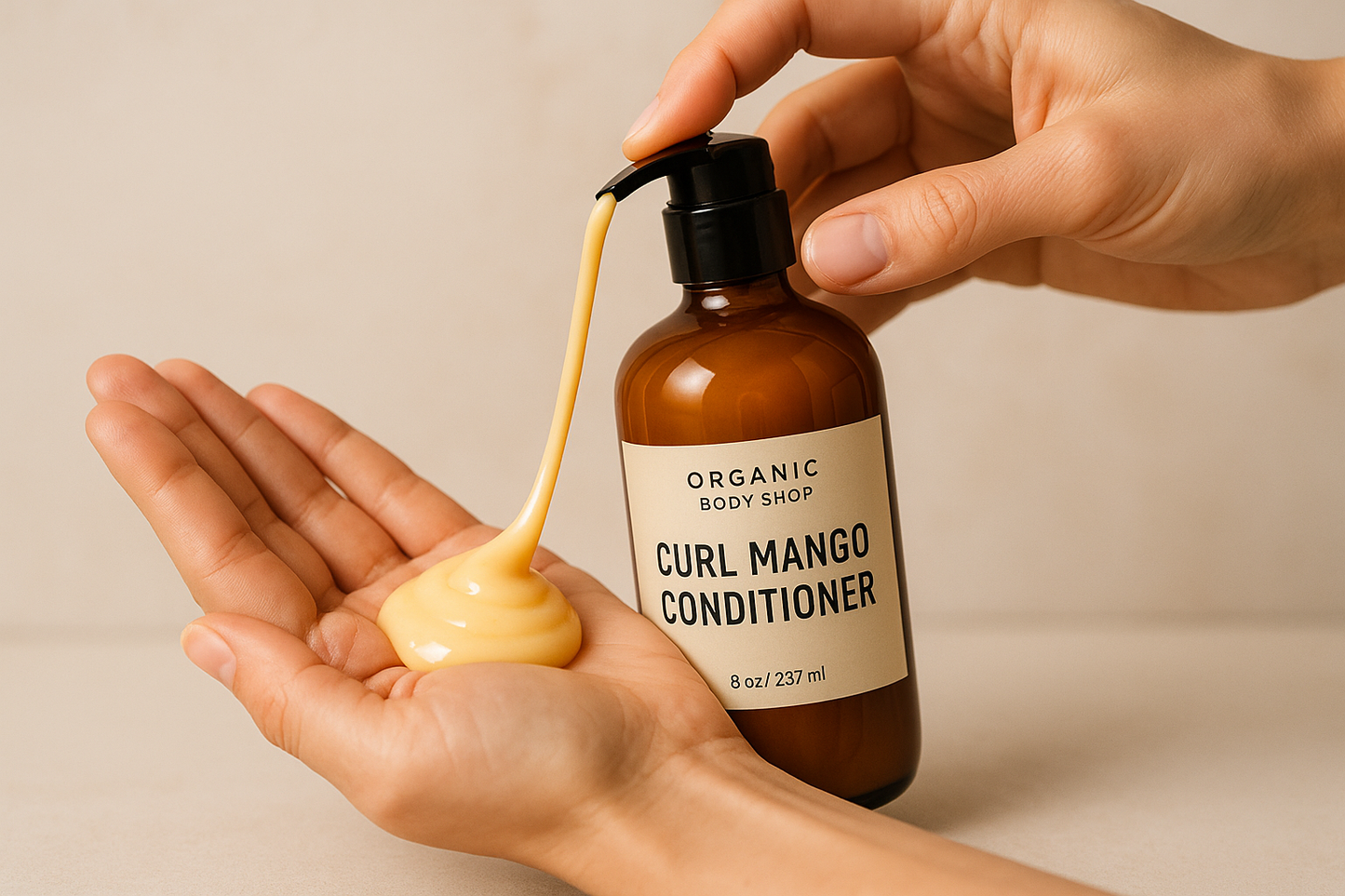 curl mango conditioner being applied from Organic Body shop in amber 8oz bottle with black cap
