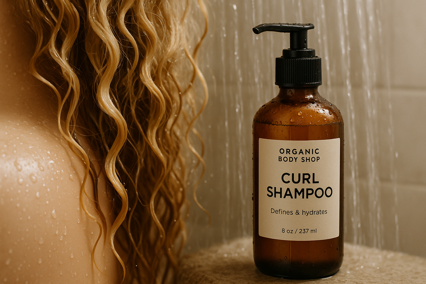 Curl shampoo on blonde wet hair in shower from Organic body shop in amber 8oz bottle