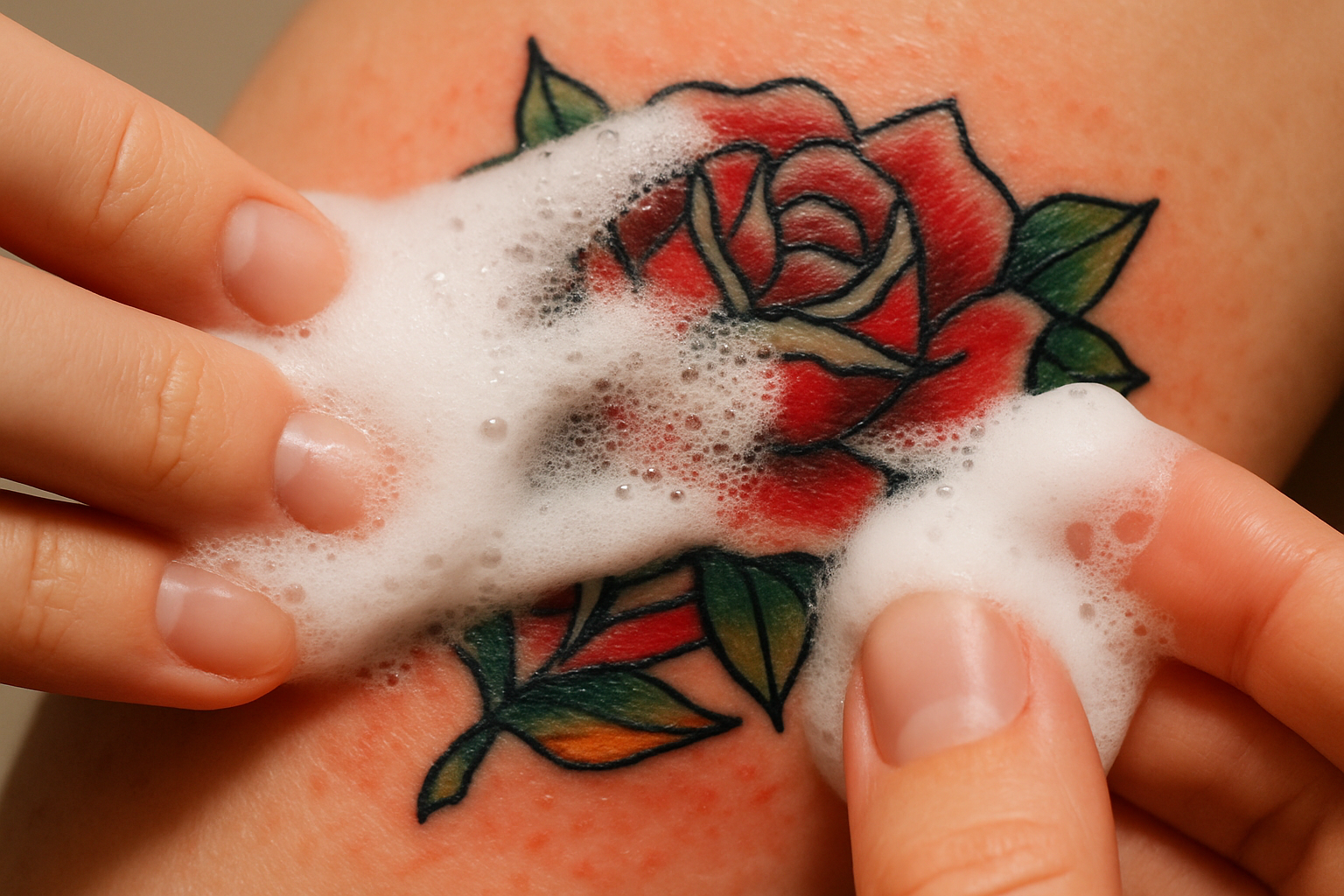 foam soap being use on a fresh tattoo on skin