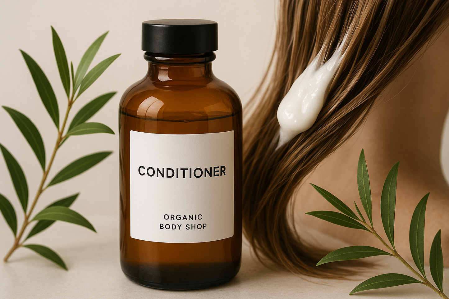 Hair conditoner with plant extract of tea tree on hair from Organic Body Shop in amber bottle with lid. whilte label