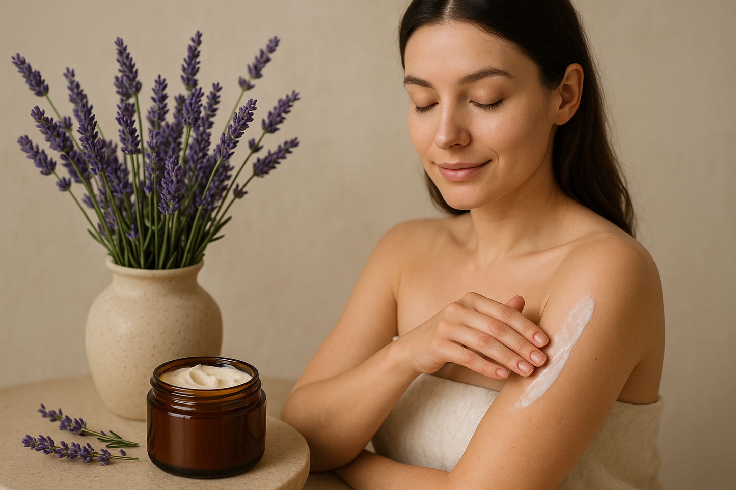 lady by lavender flower in vase using lavender body butter out of amber jar