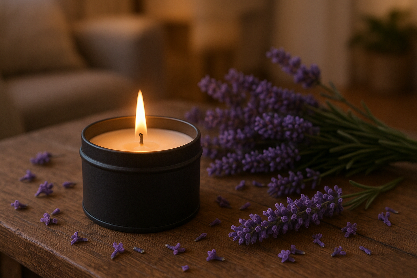 Lavender soy candle buring by lavender flowers on table in home in black tin