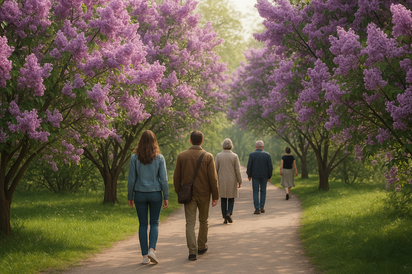 lilac trees with people walking from behind