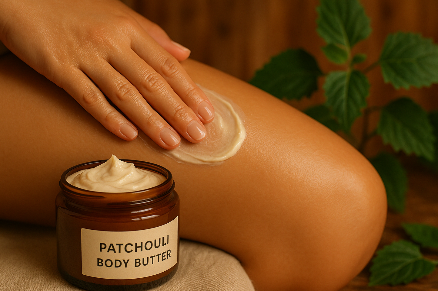 patchouli body butter on skin