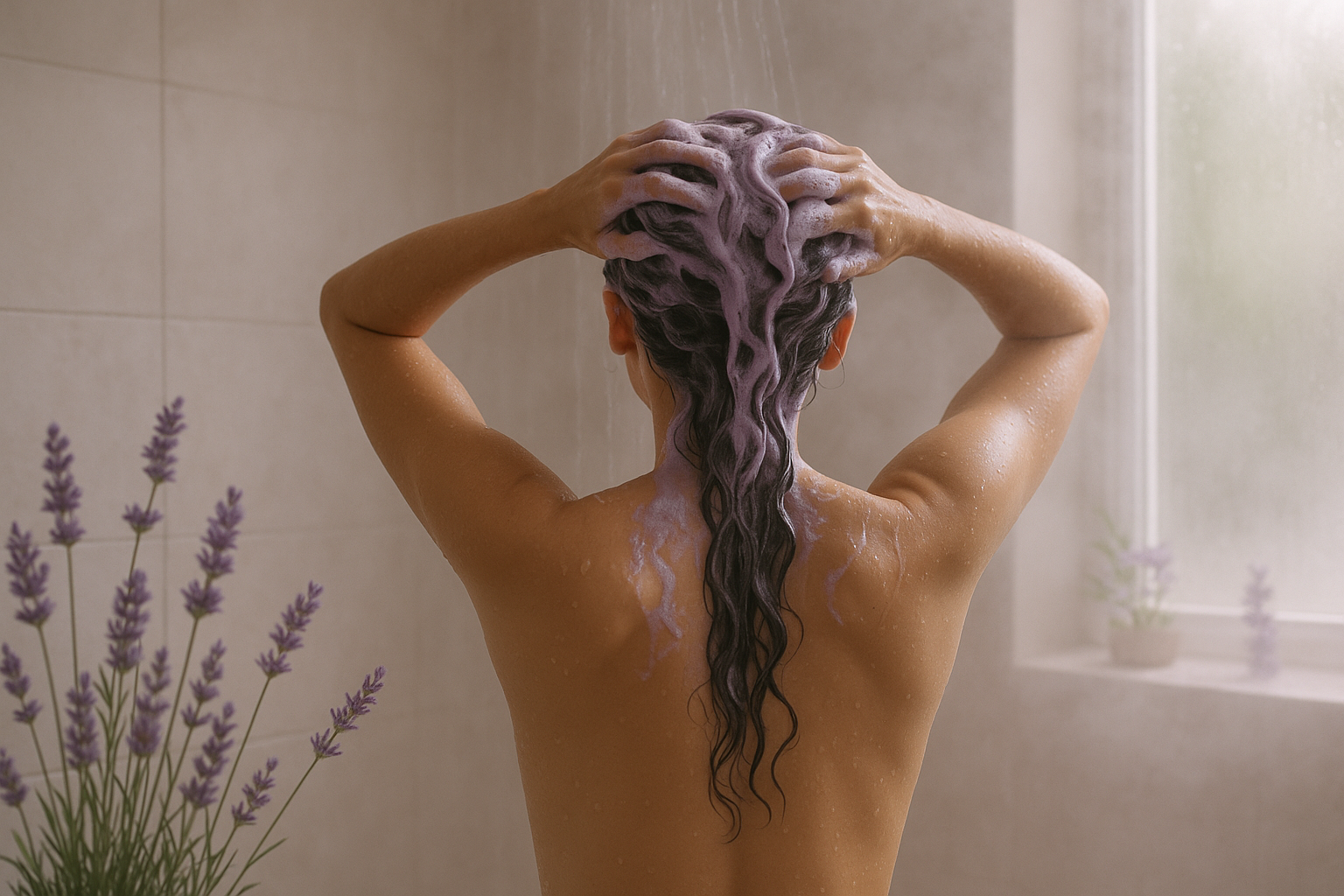 person in shower from behind wash their hair with lavender