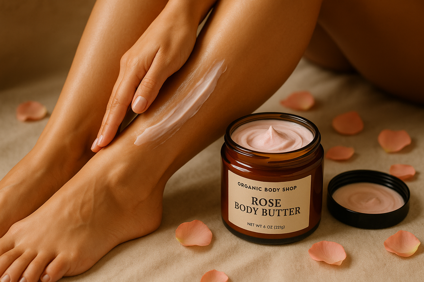 Rose body butter being applied on lower legs in amber jar from Organic Body shop