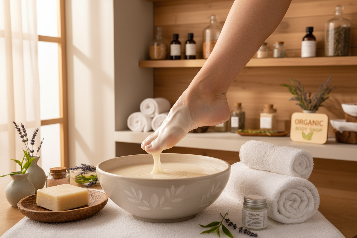 soy treatment wax being used for spa parrafin treatent foot by organic body shop