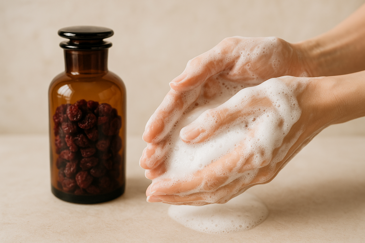 washing-hand-with-foam-soap-with-dried cranberries-in-amber-bottle