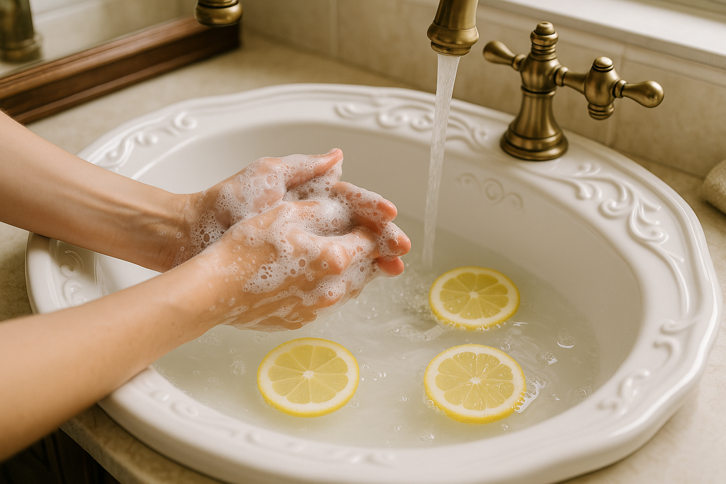washing-hand-with-foam-soap-with-lemon-slices in pretty sink