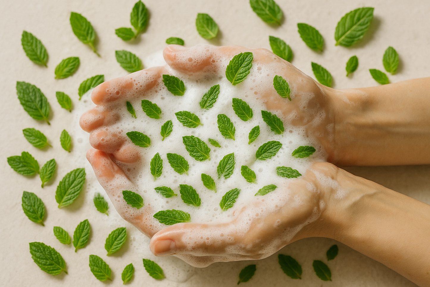 washing-hand-with-foam-soap-with-peppermint leaves
