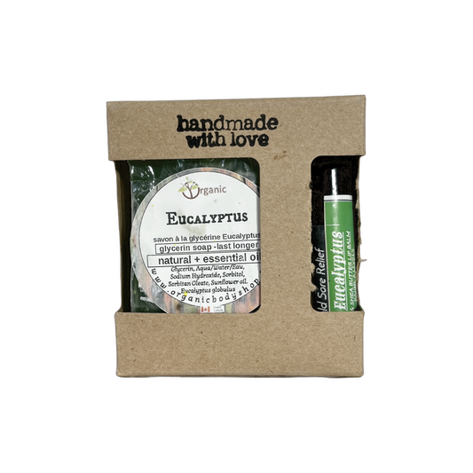 Baume à lèvres à la cire d'abeille + savon à la glycérine. Cadeau à l'eucalyptus