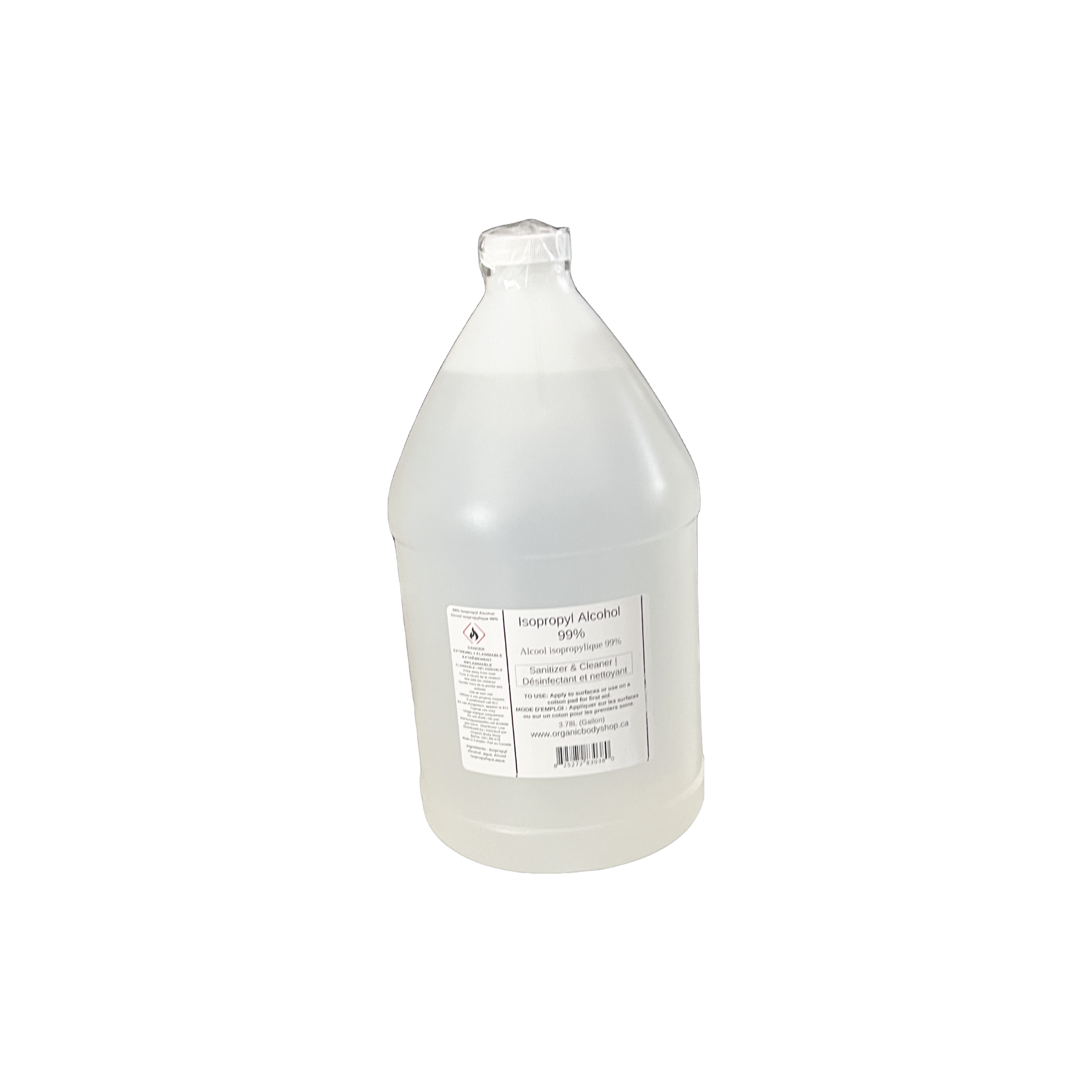 Gallon container of isopropyl alcohol on a white background