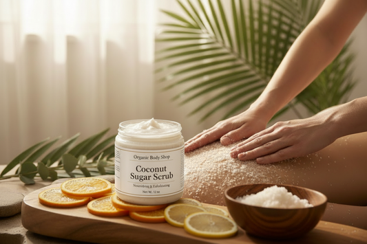 Jar of sugar scrub from organic body shop on table added to this photo