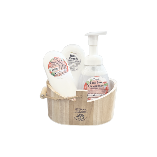 Cranberry Gift. 3pc. Hand Care. Wood caddy