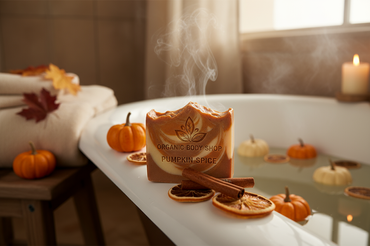 Bath time with Pumpkin Spice artisian soap bar from Organic body shop