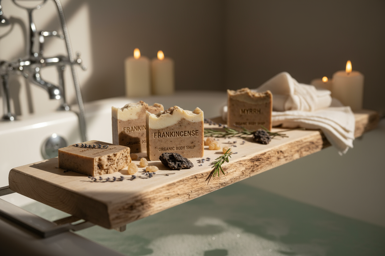 bath tome with simple artisian soap of frankenscence and myrrh form organic body shop