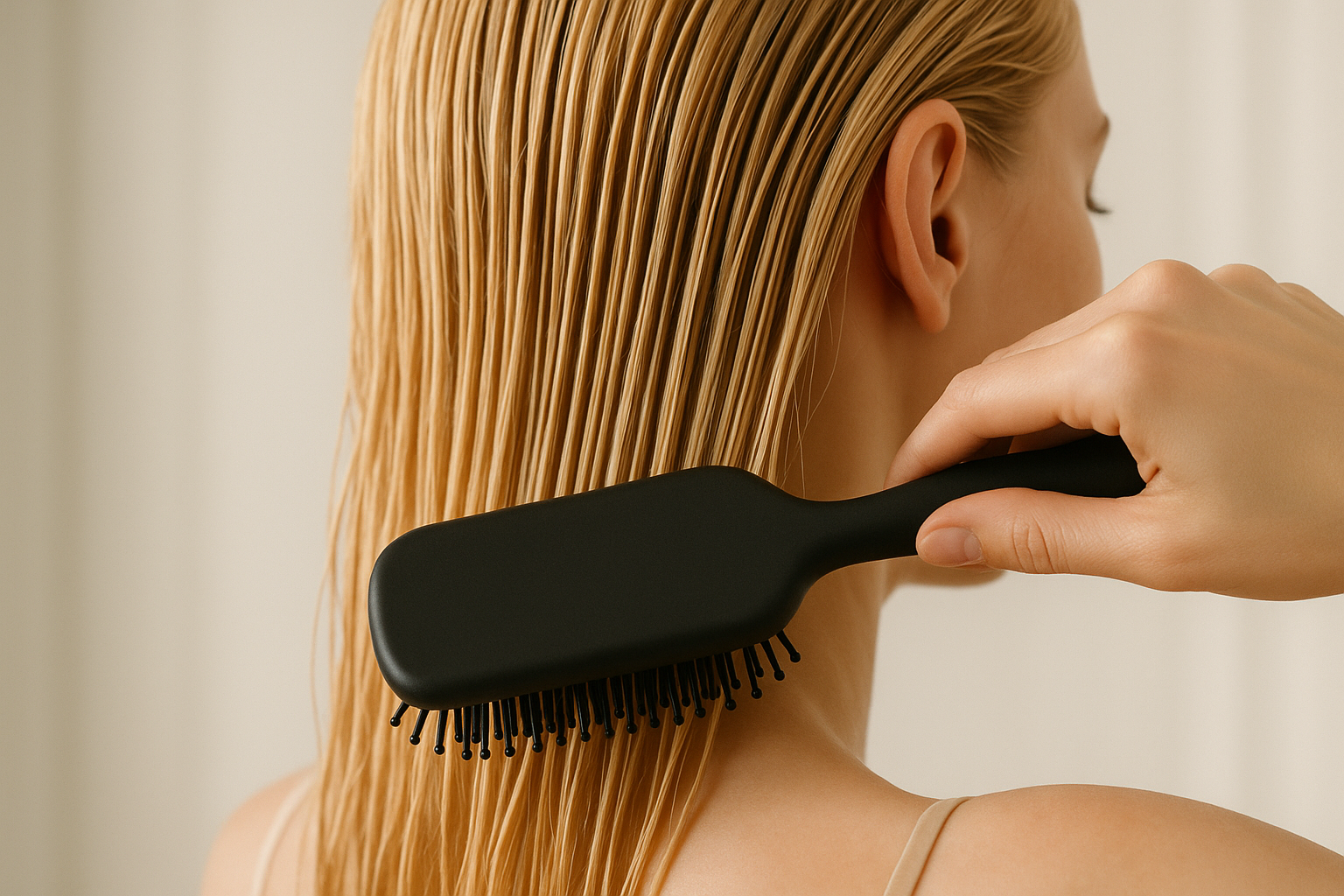blonde wet hair being brushed