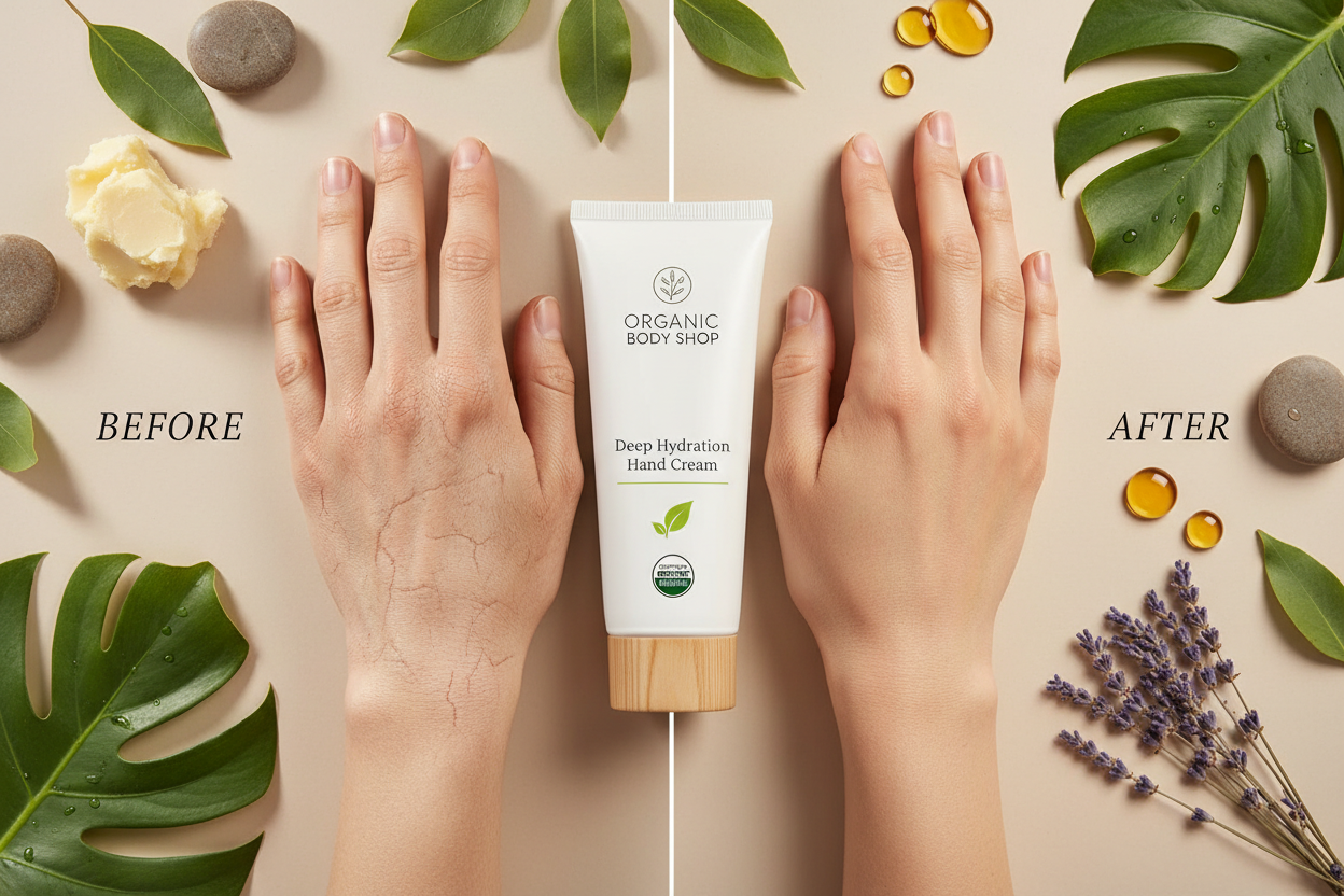 can you make a more noticeable difference in the hand before and after and the hand cream is in a white tube from organic body shop