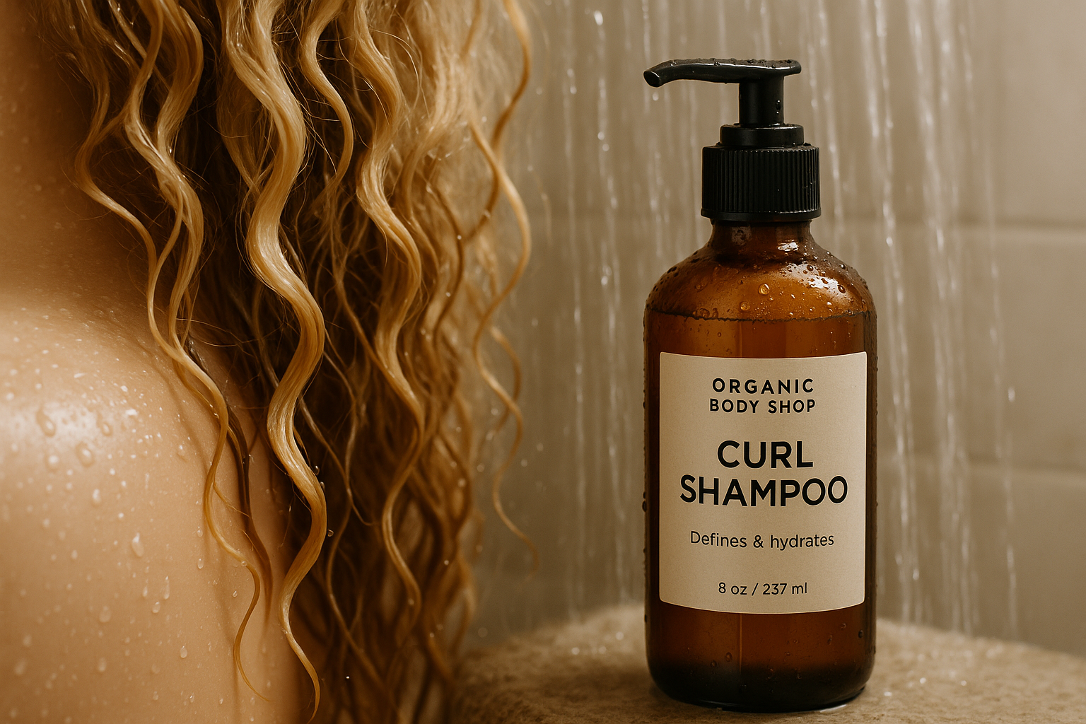 Curl shampoo on blonde wet hair in shower from Organic body shop in amber 8oz bottle