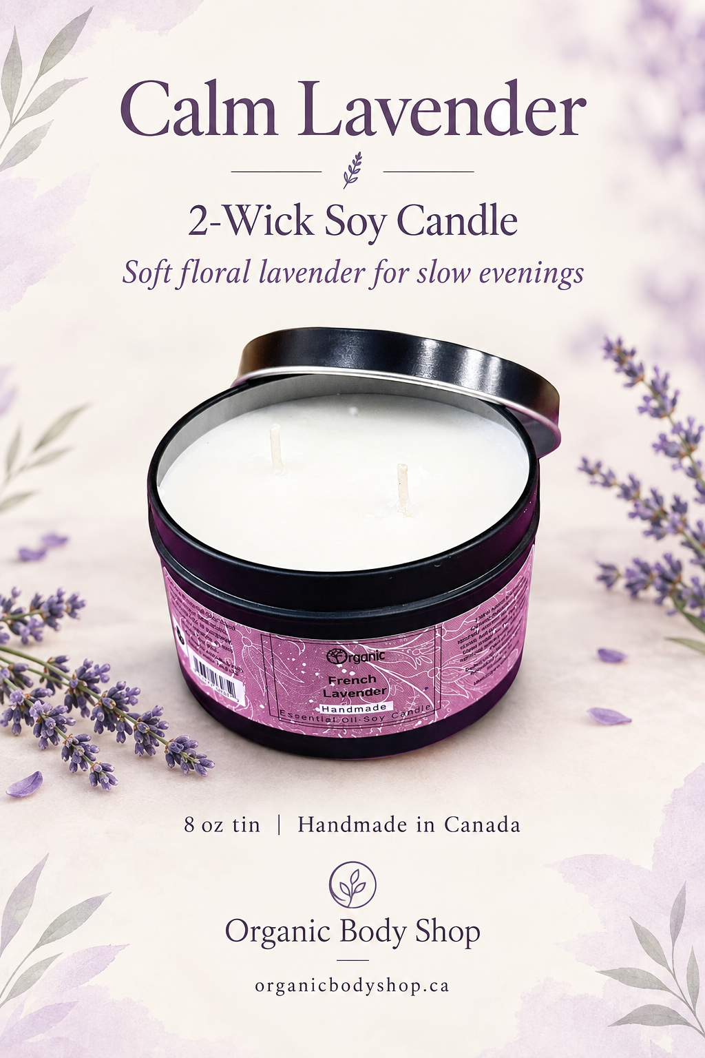 Calm Lavender Soy Candle | 2-Wick, 8 oz Tin