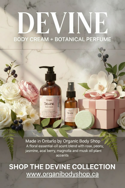 Devine poster with pink gift box and eucalyptus shower steamer