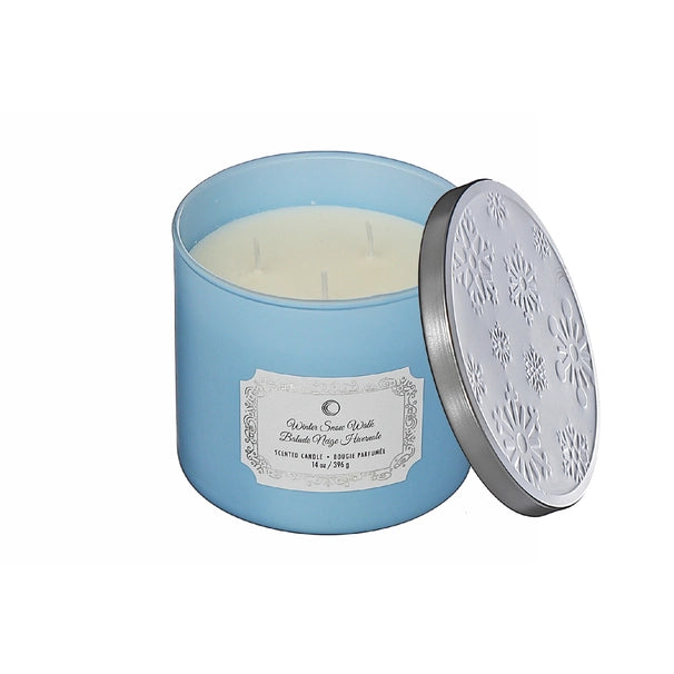 Winter Snow Walk 14 oz three-wick candle in a blue glass jar with silver snowflake lid