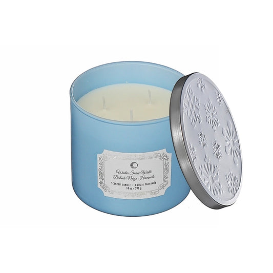 Winter Snow Walk 14 oz three-wick candle in a blue glass jar with silver snowflake lid