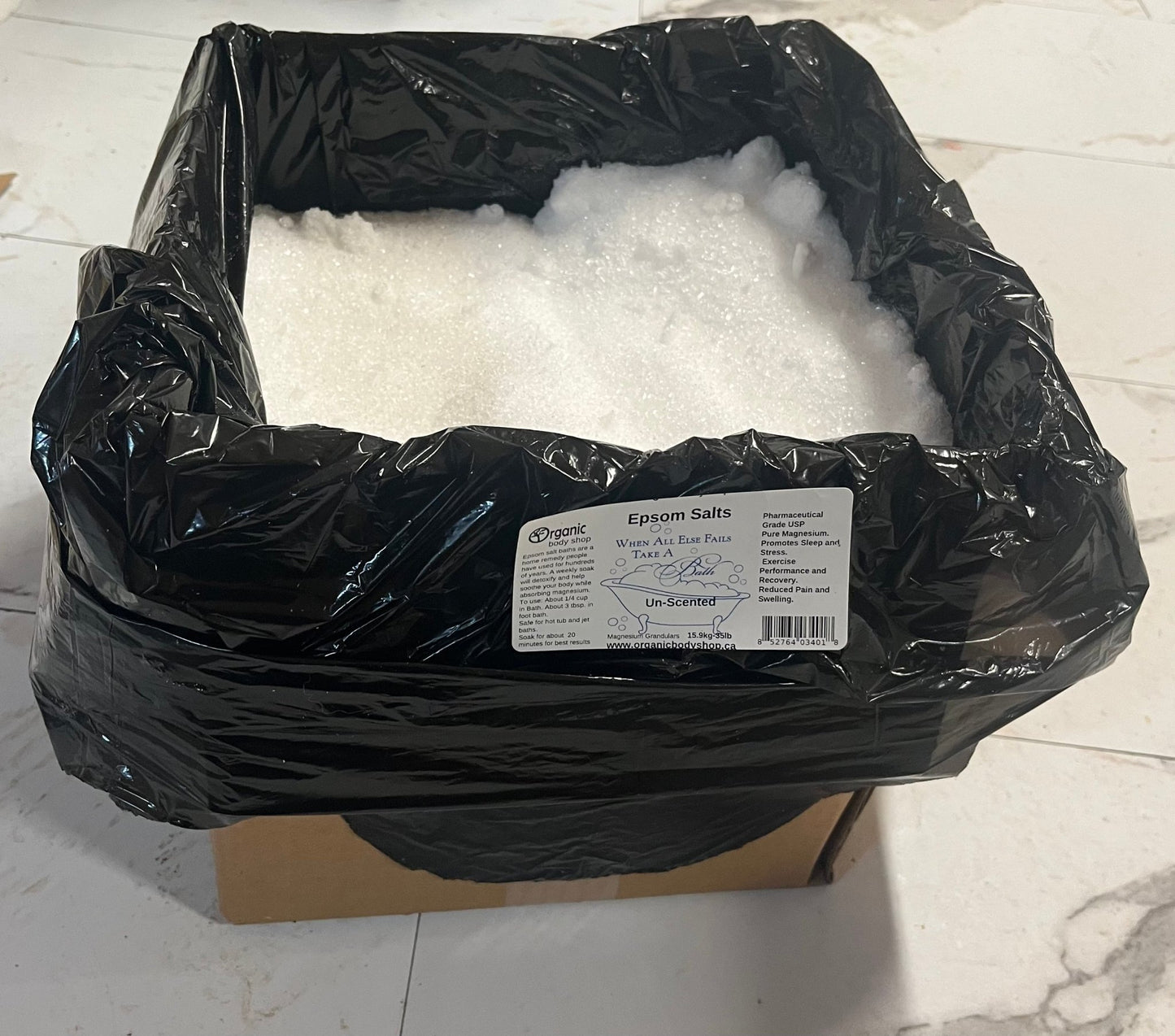 Epsom salt.Pure Magnesium. Unscented 35Lb. Box - Organic Body Shop