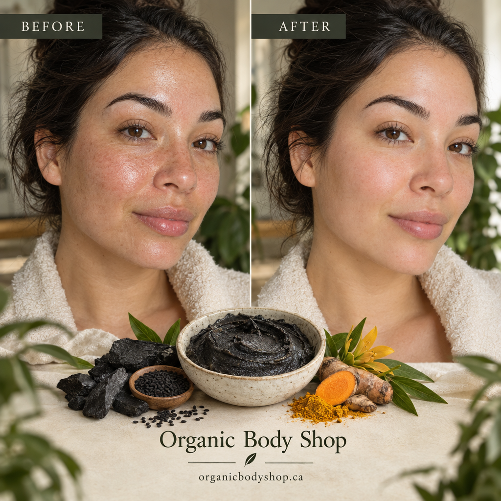 Split-screen marketing image showing a charcoal clay mask bowl, subtle before and after labels, turmeric and black seed botanicals, Organic Body Shop branding, and organicbodyshop.ca