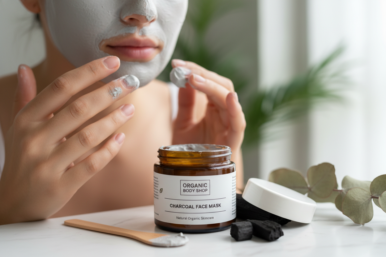 light grey charcoal face mask applied from Organic body shop in amber jar