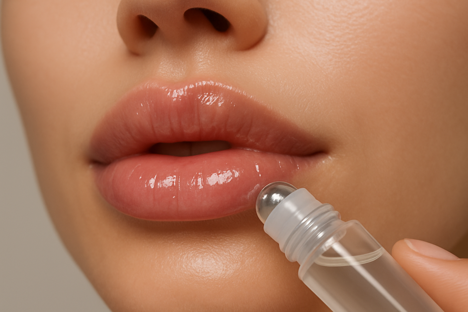 lips being plumped with roller ball lip serum no label