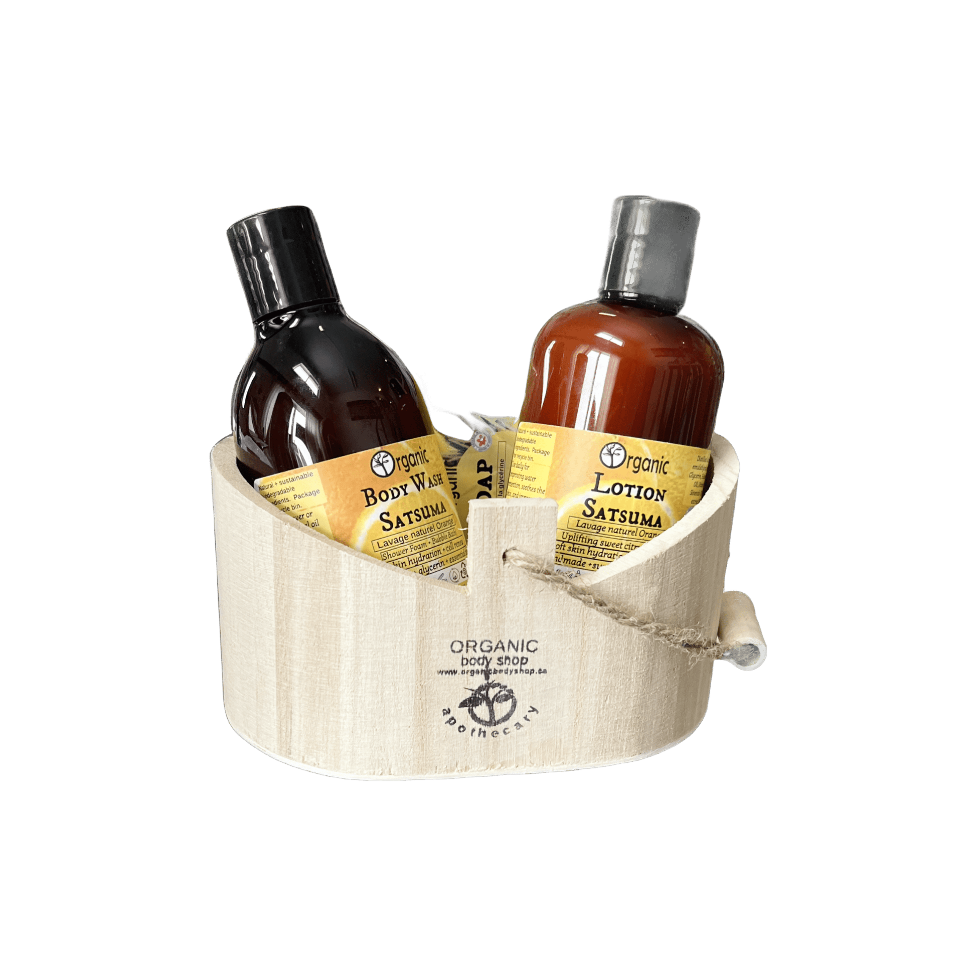 Satsuma gift. citrus balance 3pc bath+body. Wood caddy - Organic Body Shop
