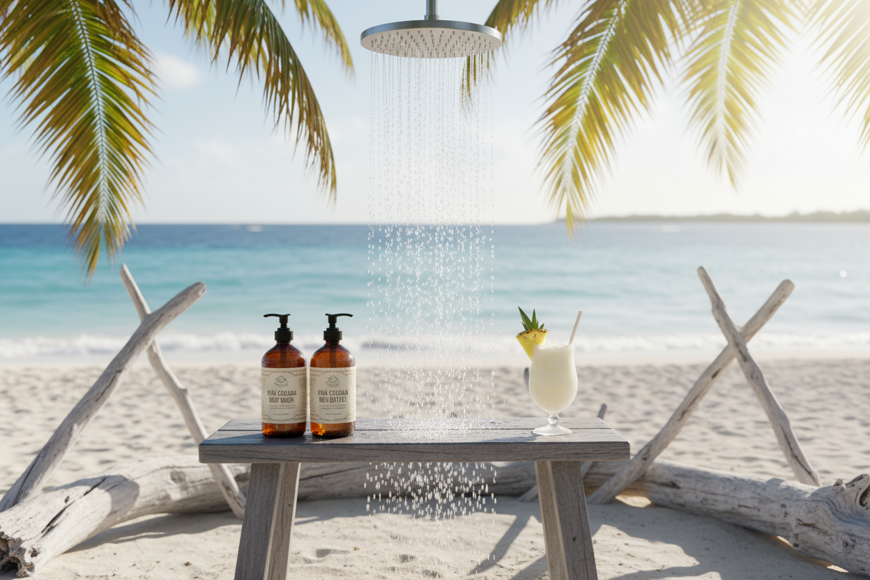 Skincare products Pina Colada body wash, body butter from organic body shop .ca on a table with a pina colada drink by a beautiful beachy shower area with water running