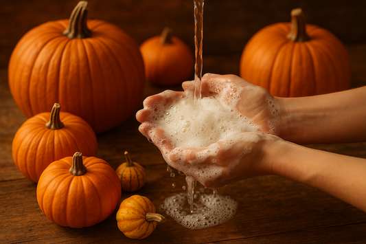 washing-hand-with-foam-soap-with-fall pumpkins