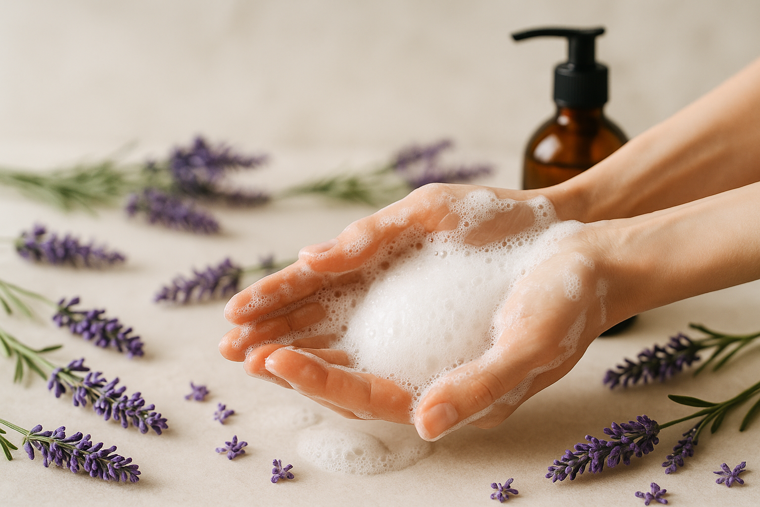 Washing hand with foam soap with lavender flowers in amber bottle