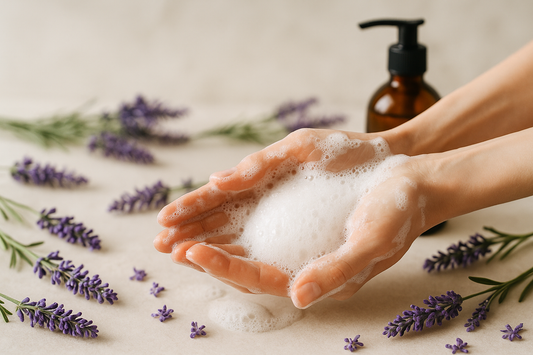 Washing hand with foam soap with lavender flowers in amber bottle